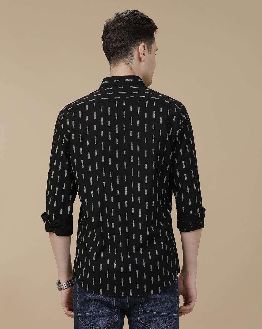 CAVALLO by Linen Club Men's Blended Linen Black Printed Contemporary Fit Full Sleeve Casual Shirt