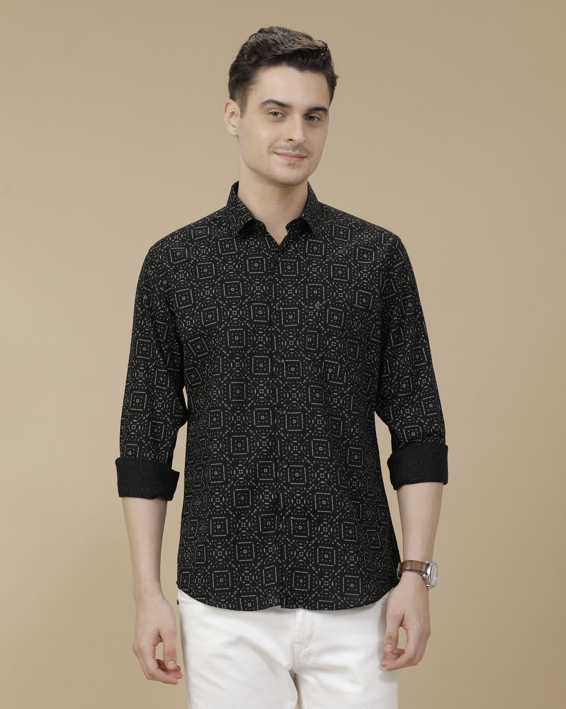CAVALLO by Linen Club Men's Blended Linen Black Printed Contemporary Fit Full Sleeve Casual Shirt