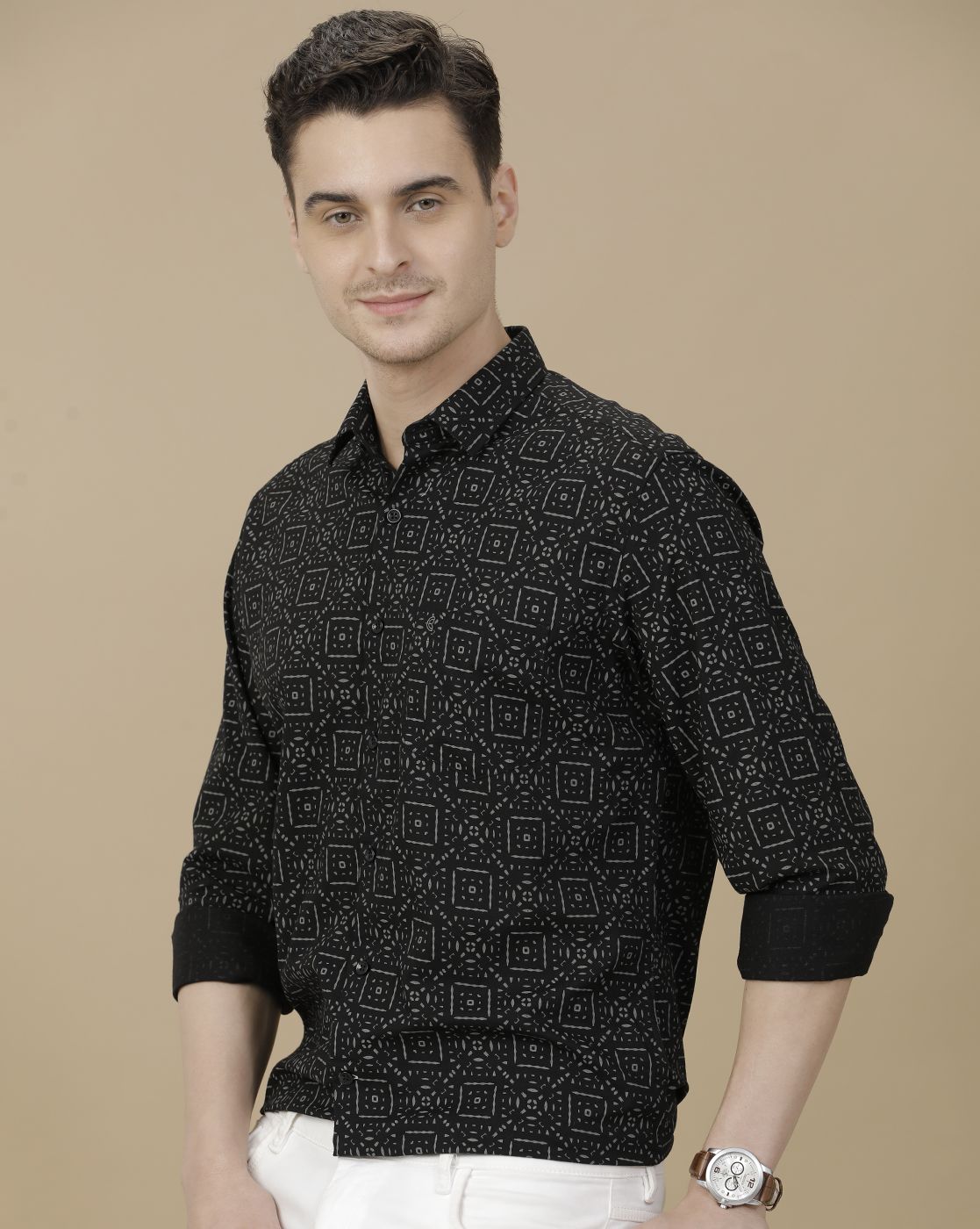 CAVALLO by Linen Club Men's Blended Linen Black Printed Contemporary Fit Full Sleeve Casual Shirt