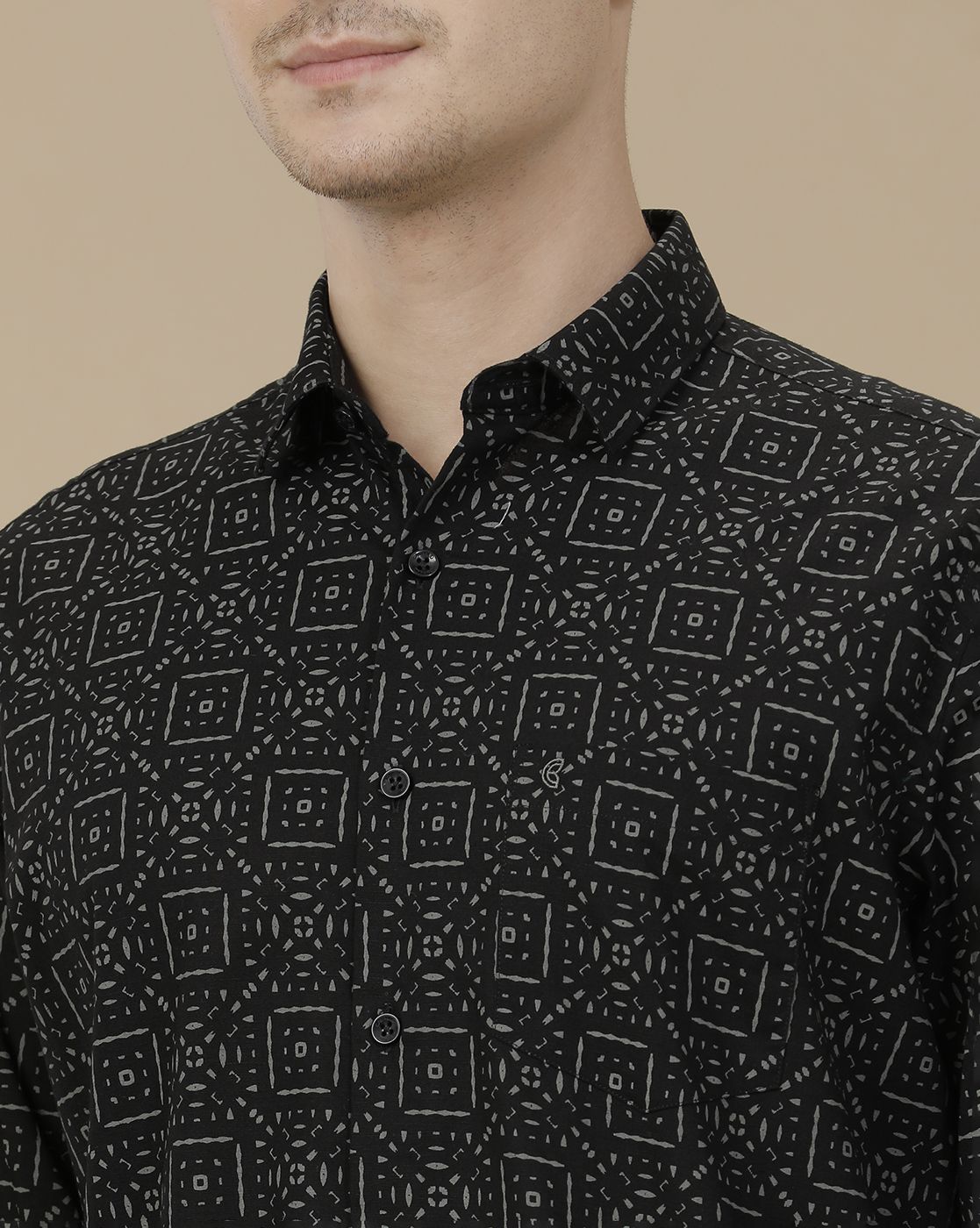 CAVALLO by Linen Club Men's Blended Linen Black Printed Contemporary Fit Full Sleeve Casual Shirt