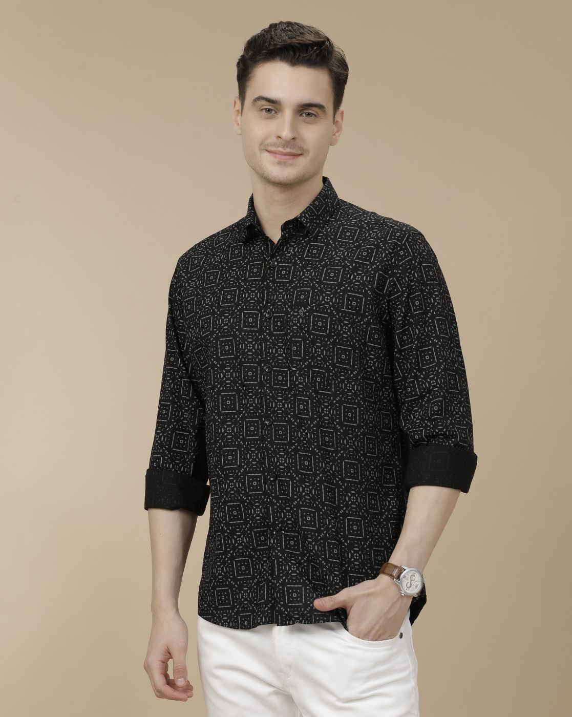 CAVALLO by Linen Club Men's Blended Linen Black Printed Contemporary Fit Full Sleeve Casual Shirt
