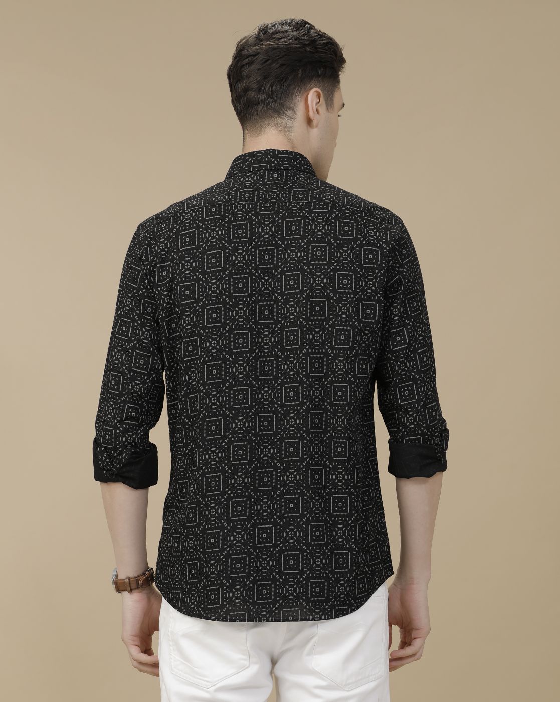 CAVALLO by Linen Club Men's Blended Linen Black Printed Contemporary Fit Full Sleeve Casual Shirt