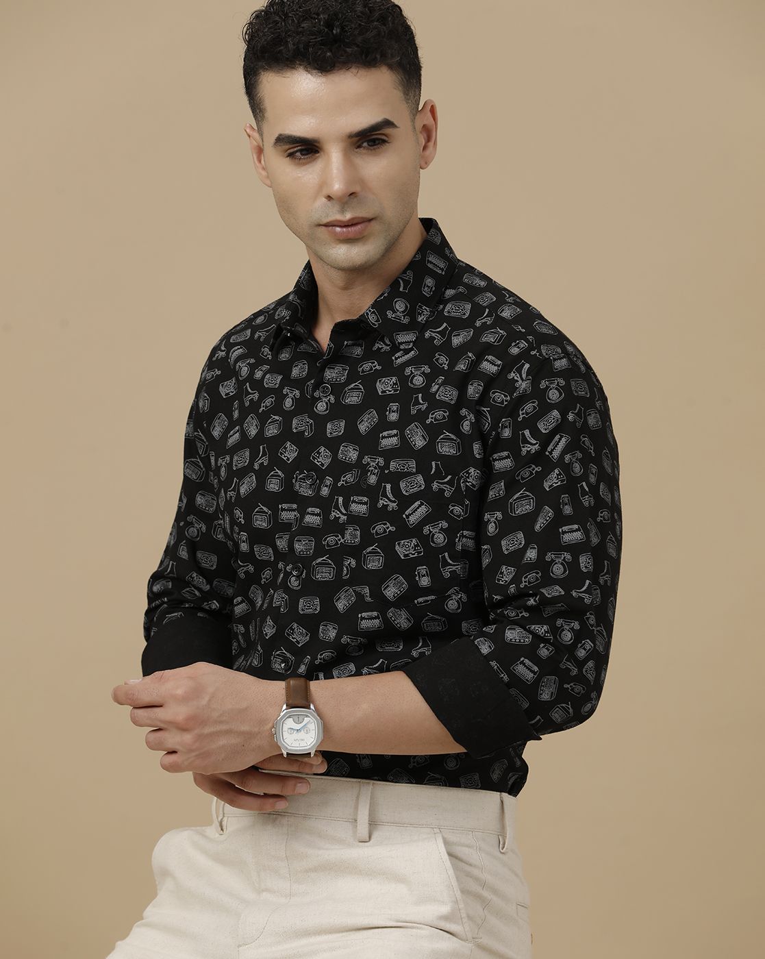 CAVALLO by Linen Club Men's Blended Linen Black Printed Contemporary Fit Full Sleeve Casual Shirt