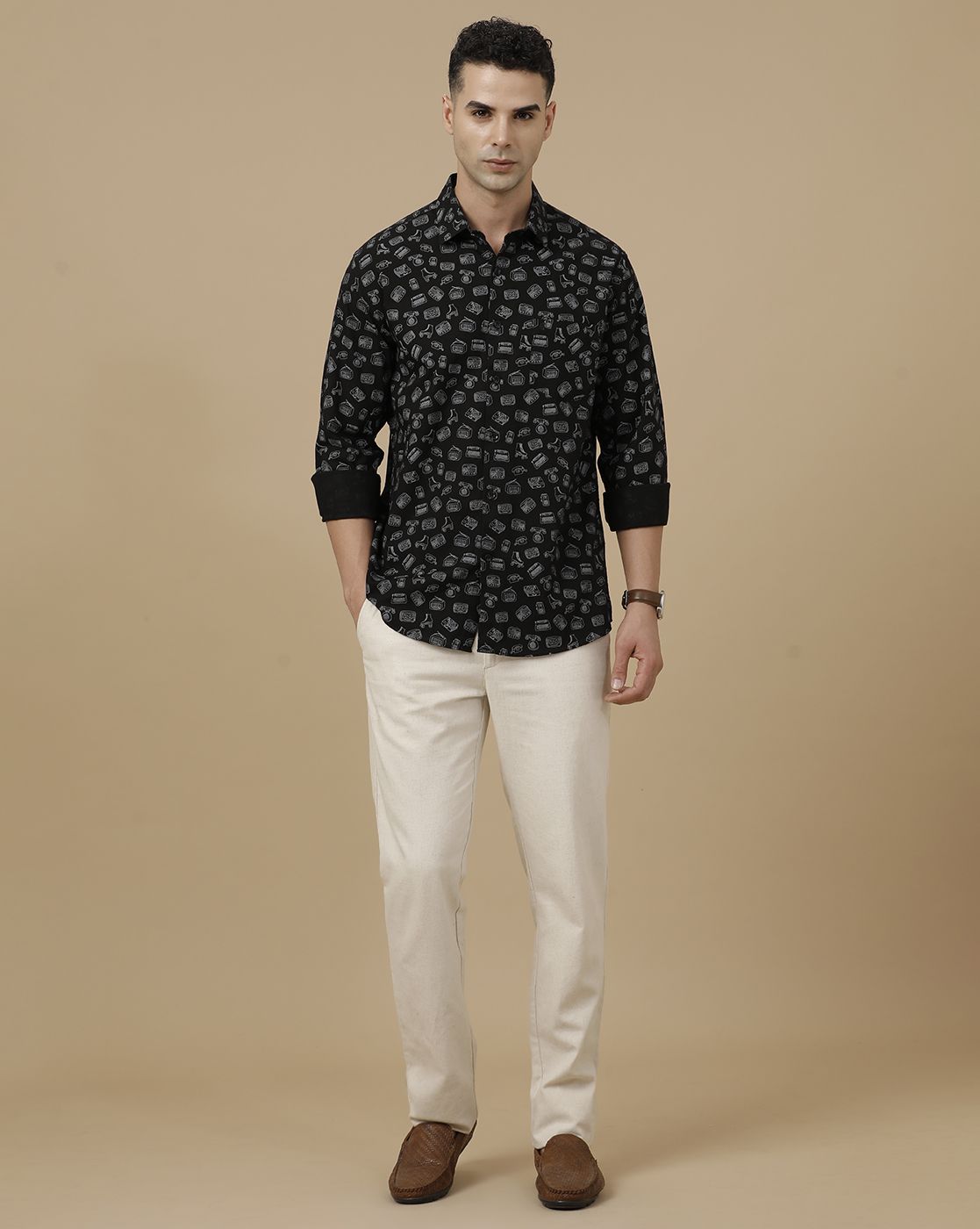 CAVALLO by Linen Club Men's Blended Linen Black Printed Contemporary Fit Full Sleeve Casual Shirt