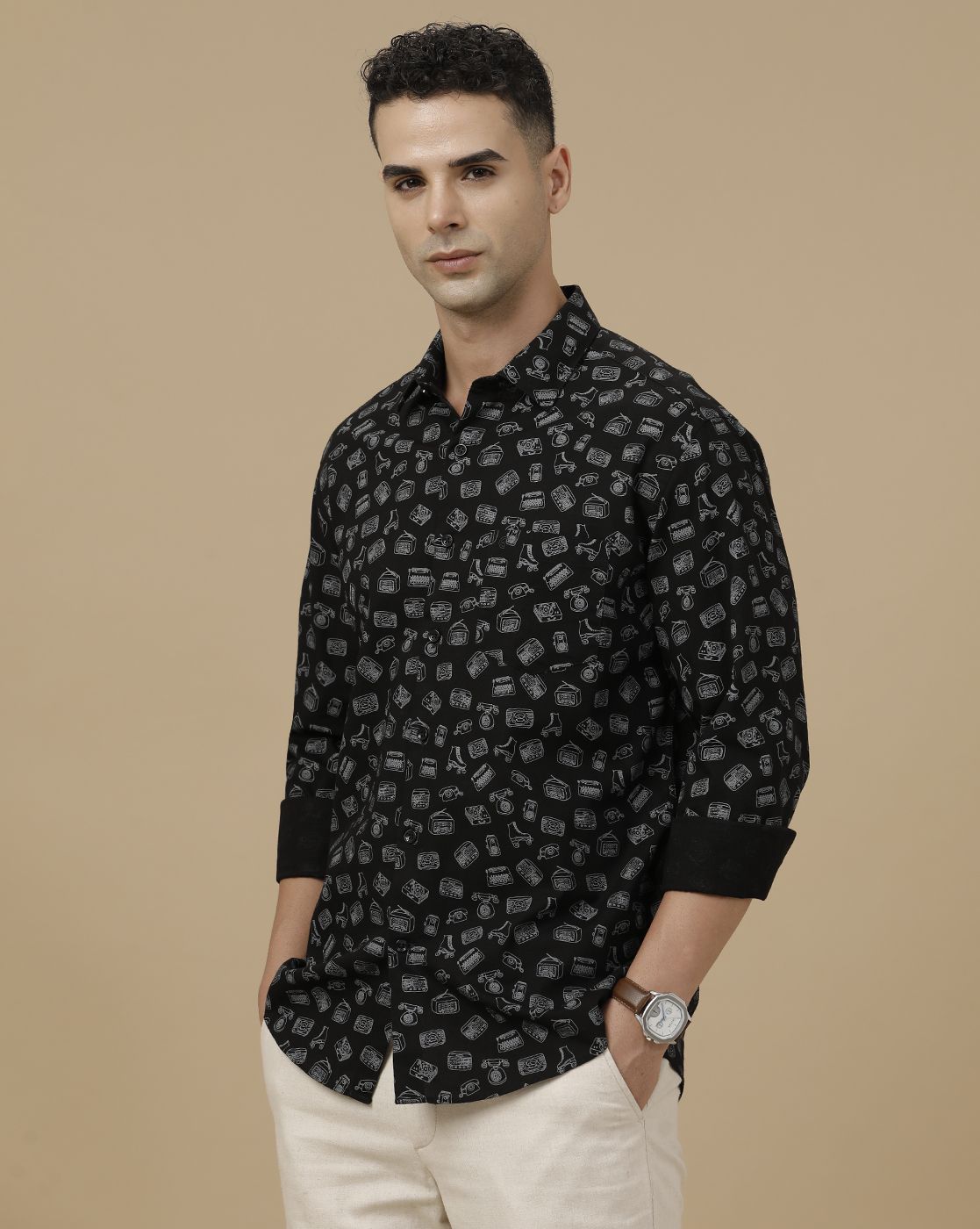 CAVALLO by Linen Club Men's Blended Linen Black Printed Contemporary Fit Full Sleeve Casual Shirt