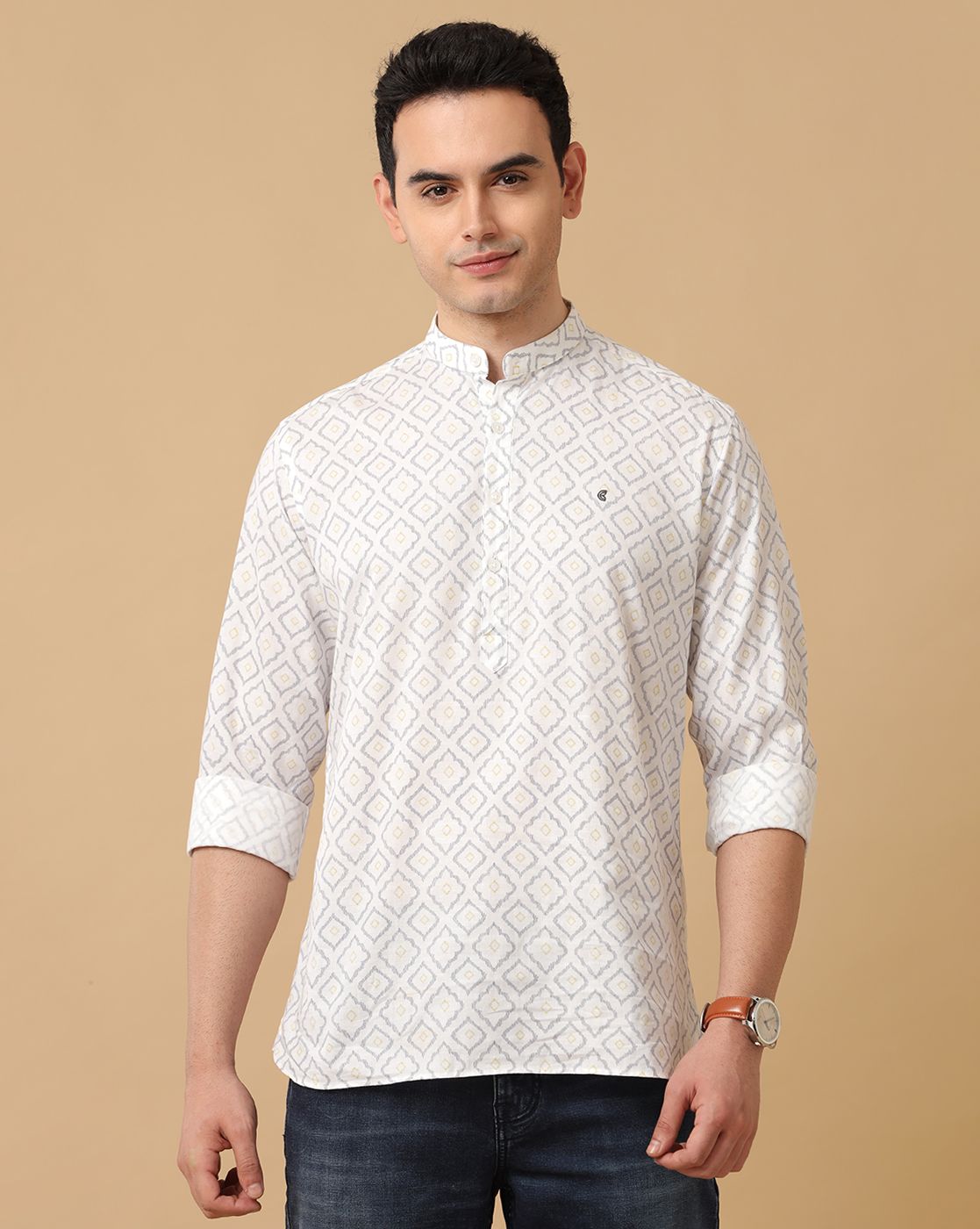 Men's Blended Linen White Printed Contemporary Fit Full Sleeve Casual Shirt