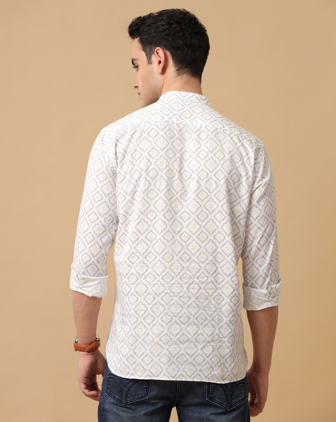 Men's Blended Linen White Printed Contemporary Fit Full Sleeve Casual Shirt