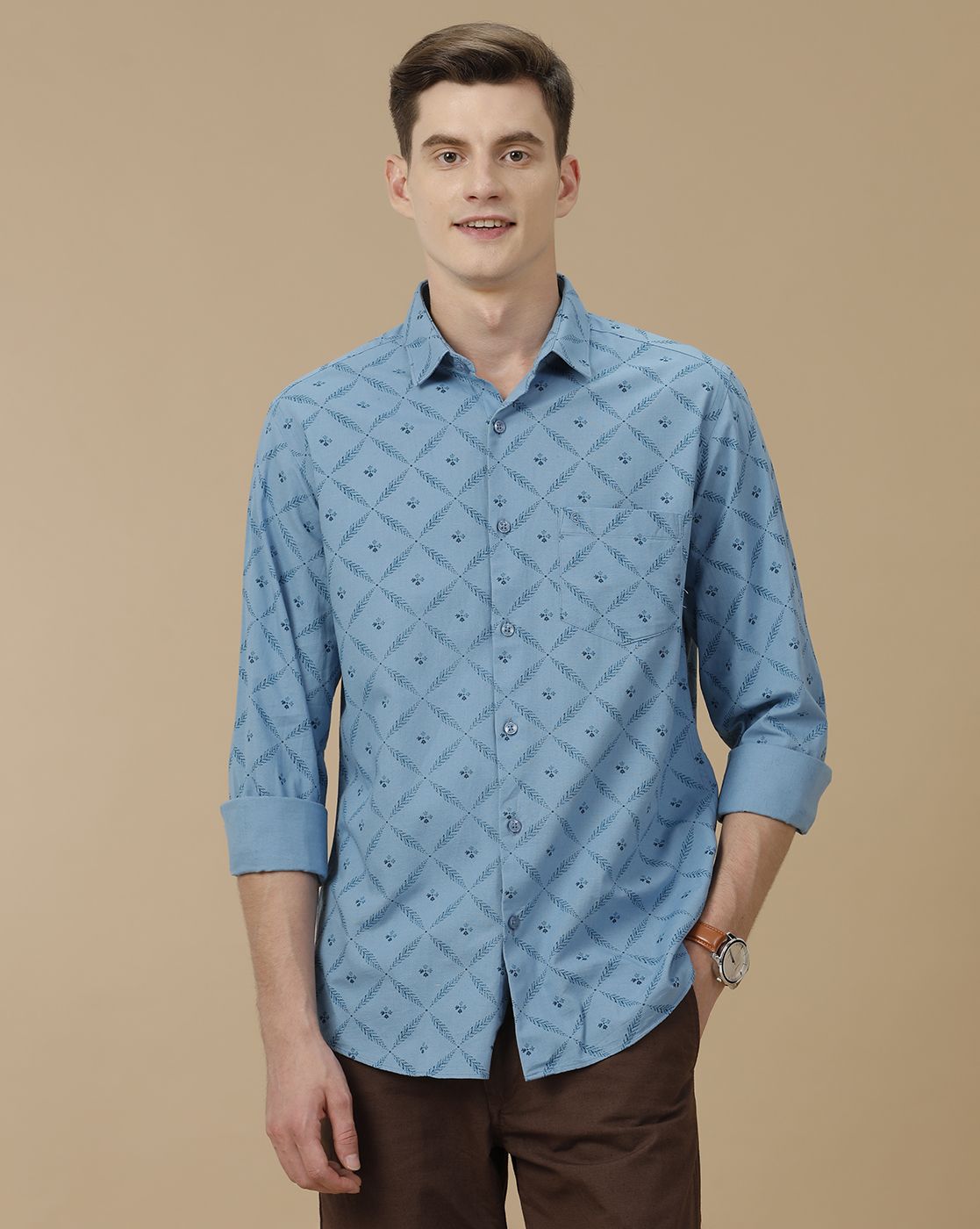 Men's Blended Linen Blue Printed Contemporary Fit Full Sleeve Casual Shirt