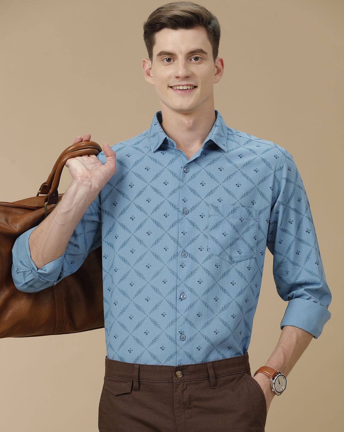 Men's Blended Linen Blue Printed Contemporary Fit Full Sleeve Casual Shirt