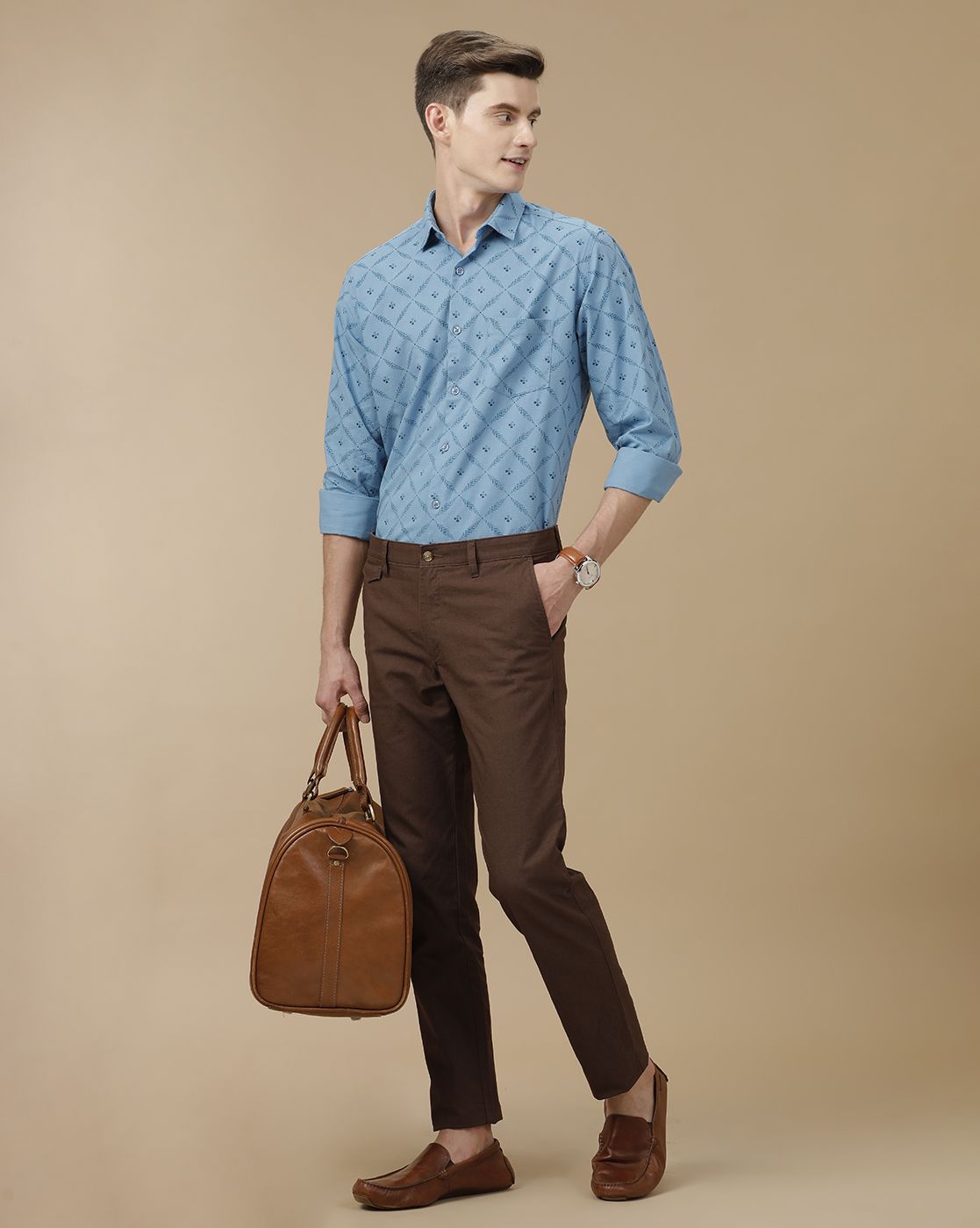 Men's Blended Linen Blue Printed Contemporary Fit Full Sleeve Casual Shirt