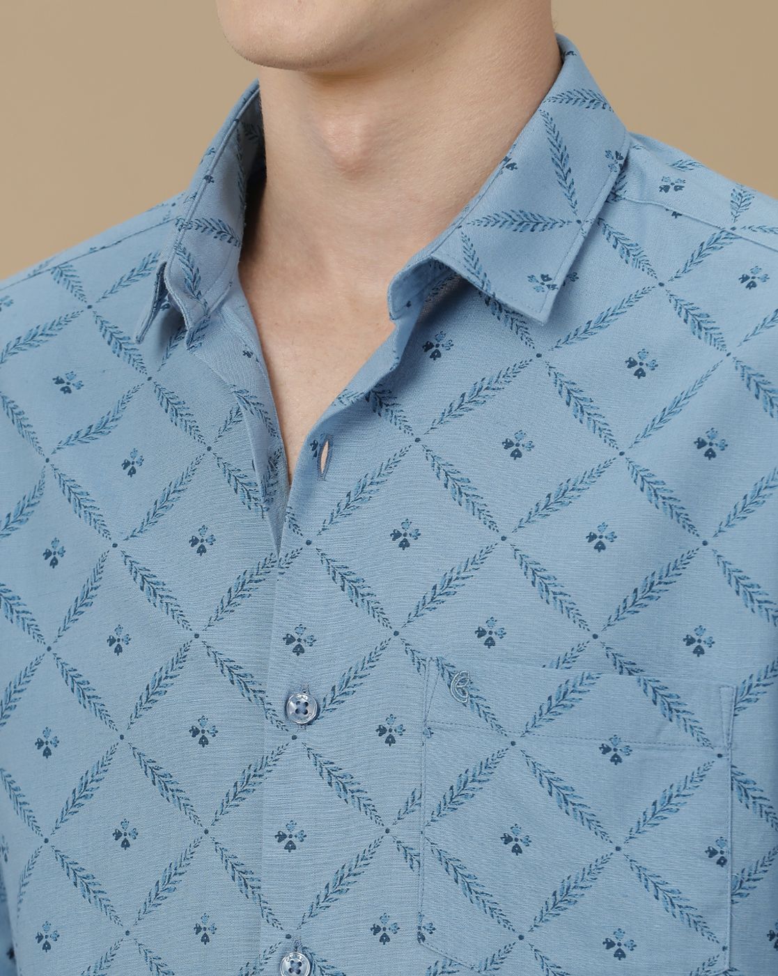 Men's Blended Linen Blue Printed Contemporary Fit Full Sleeve Casual Shirt