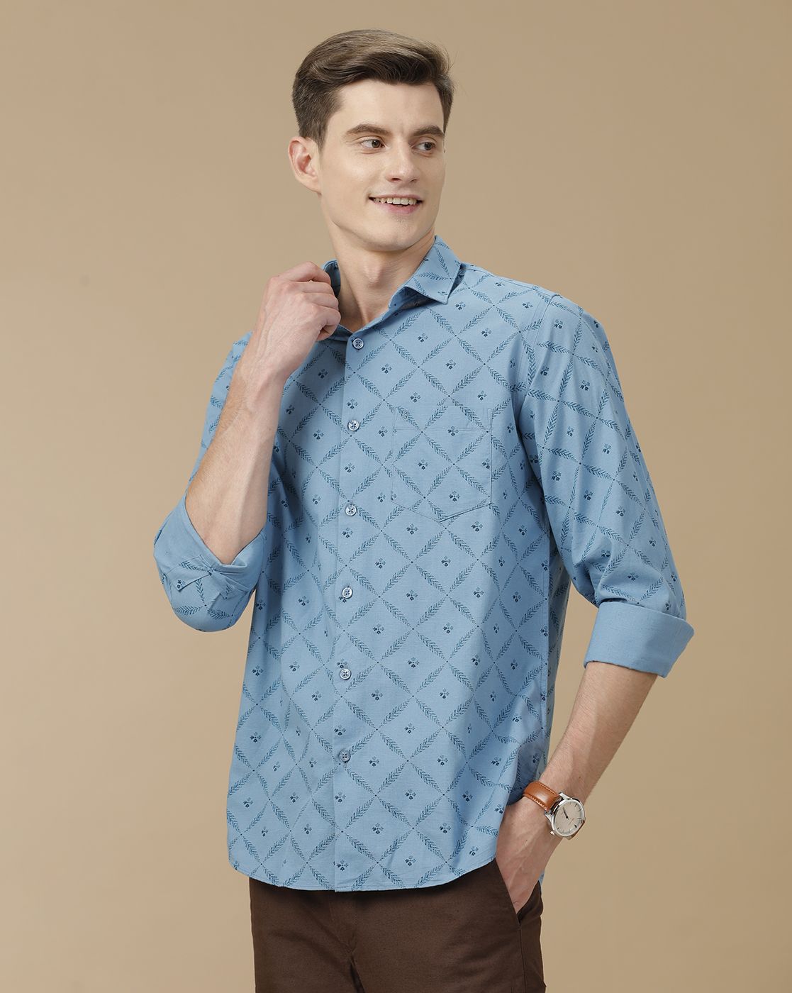 Men's Blended Linen Blue Printed Contemporary Fit Full Sleeve Casual Shirt