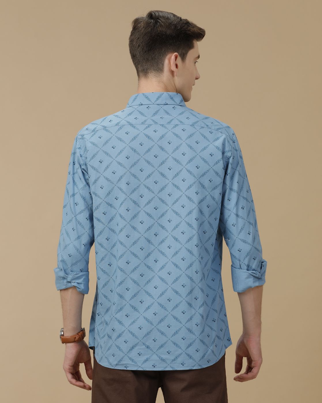 Men's Blended Linen Blue Printed Contemporary Fit Full Sleeve Casual Shirt