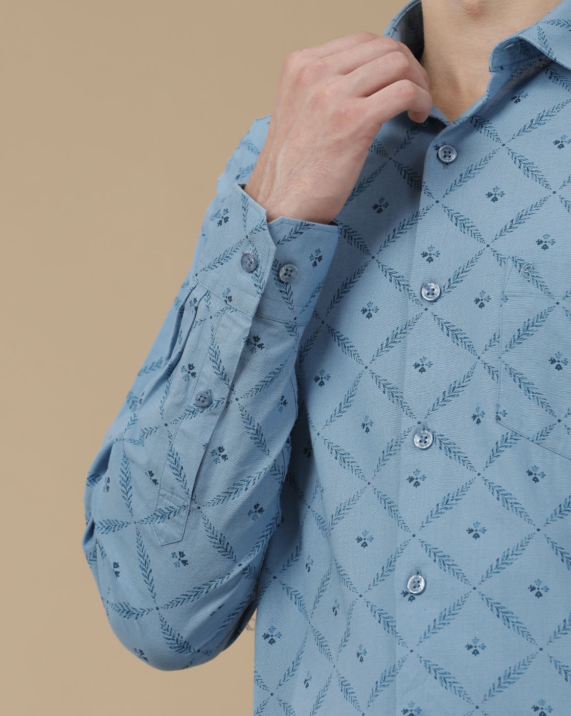 Men's Blended Linen Blue Printed Contemporary Fit Full Sleeve Casual Shirt