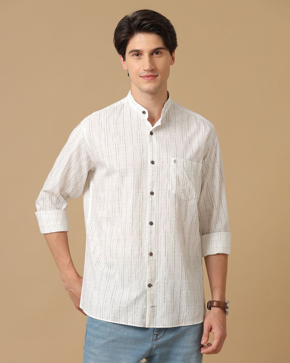 Men's Blended Linen Grey Printed Contemporary Fit Full Sleeve Casual Shirt