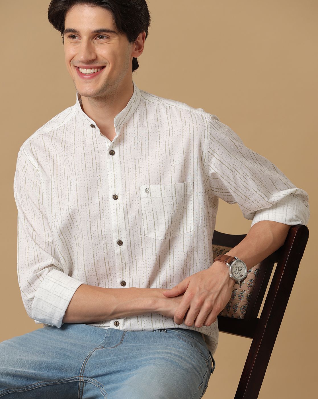 Men's Blended Linen Grey Printed Contemporary Fit Full Sleeve Casual Shirt