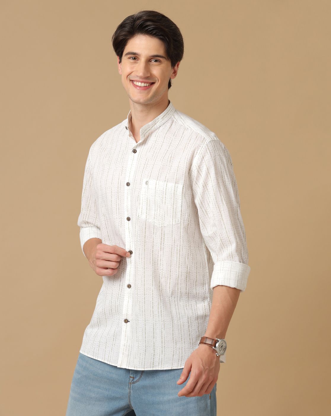 Men's Blended Linen Grey Printed Contemporary Fit Full Sleeve Casual Shirt