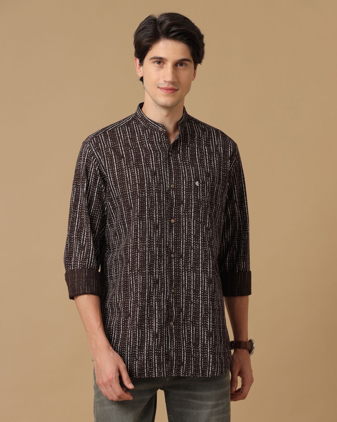 Men's Blended Linen Brown Printed Contemporary Fit Full Sleeve Casual Shirt