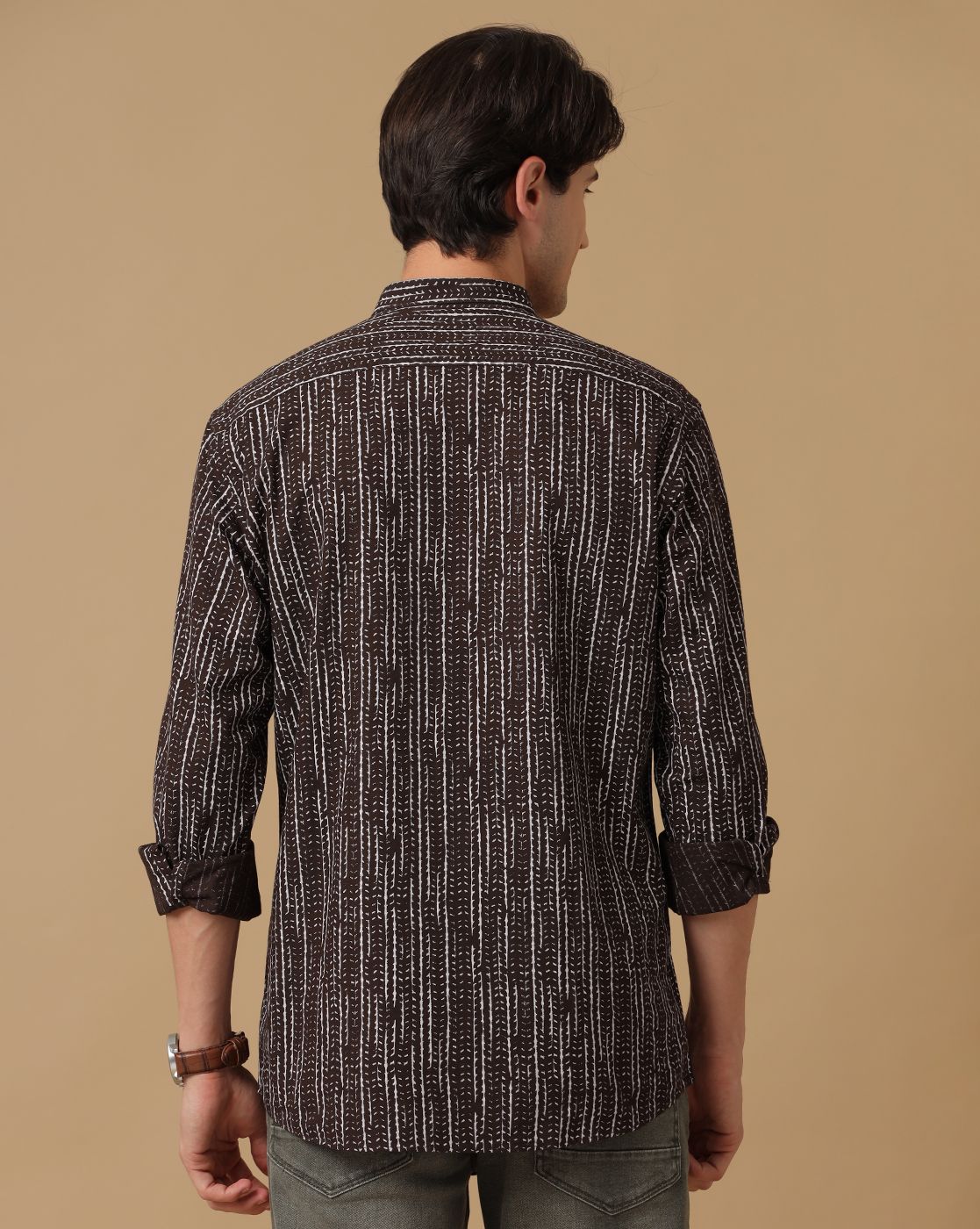 Men's Blended Linen Brown Printed Contemporary Fit Full Sleeve Casual Shirt