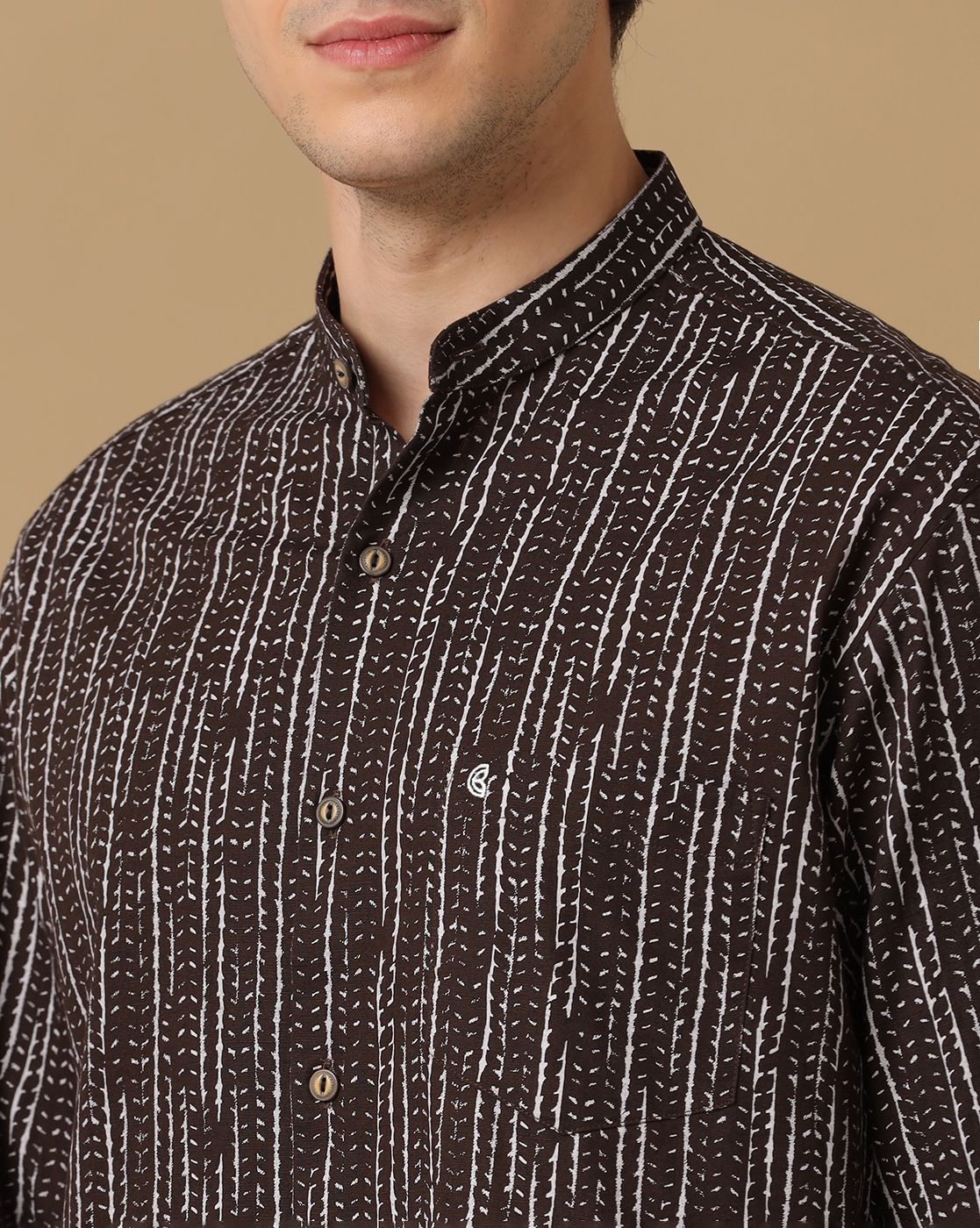 Men's Blended Linen Brown Printed Contemporary Fit Full Sleeve Casual Shirt