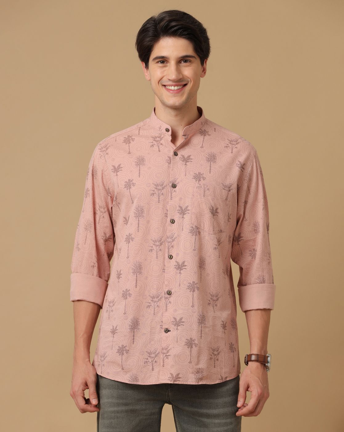 Men's Blended Linen Peach Printed Contemporary Fit Full Sleeve Casual Shirt