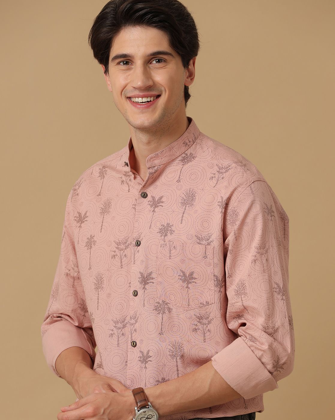Men's Blended Linen Peach Printed Contemporary Fit Full Sleeve Casual Shirt