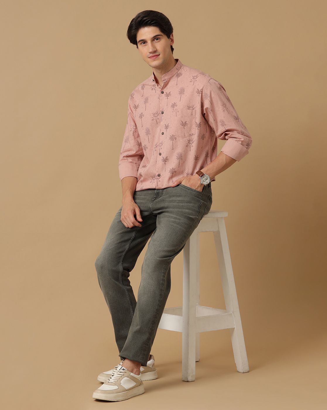 Men's Blended Linen Peach Printed Contemporary Fit Full Sleeve Casual Shirt