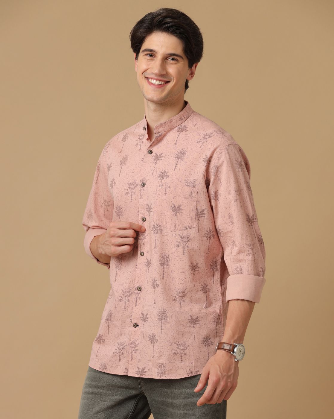 Men's Blended Linen Peach Printed Contemporary Fit Full Sleeve Casual Shirt