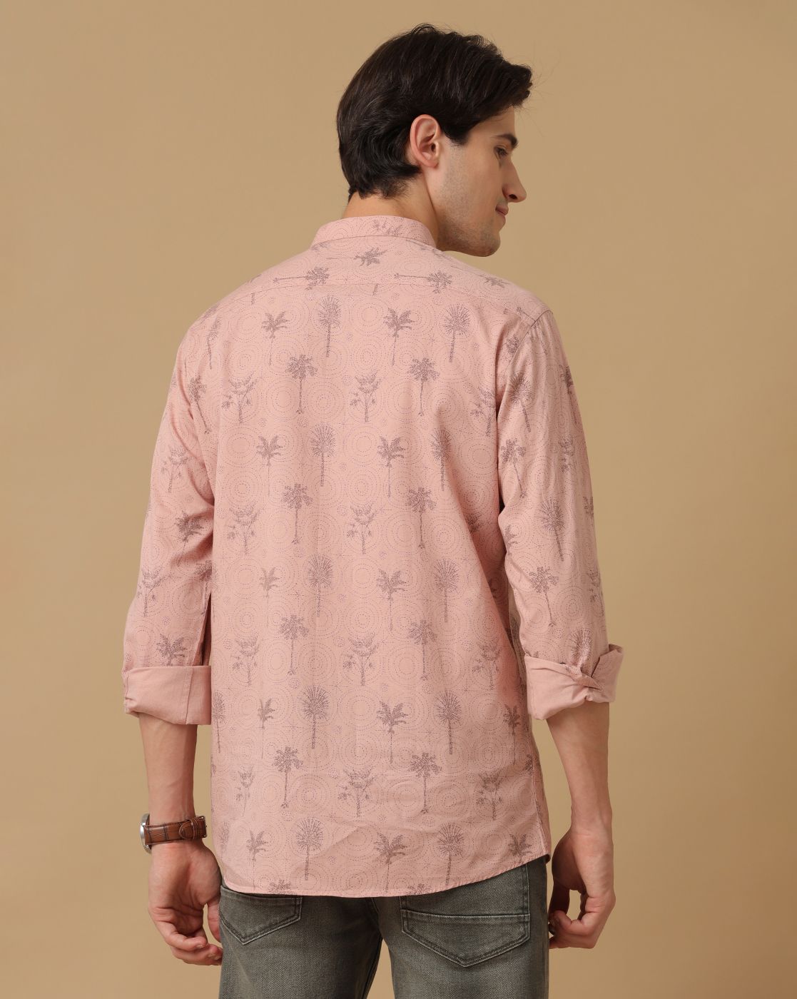 Men's Blended Linen Peach Printed Contemporary Fit Full Sleeve Casual Shirt