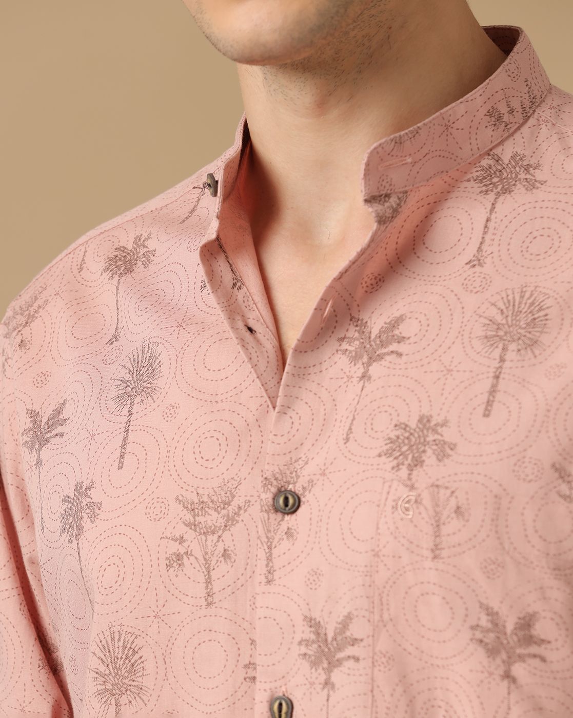 Men's Blended Linen Peach Printed Contemporary Fit Full Sleeve Casual Shirt