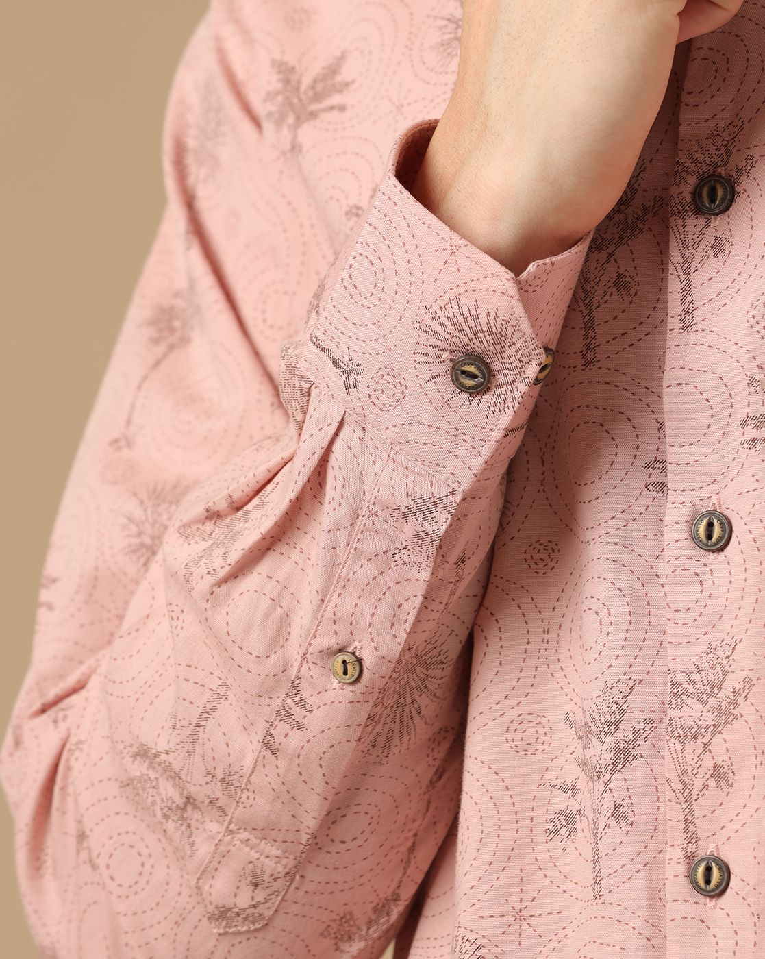 Men's Blended Linen Peach Printed Contemporary Fit Full Sleeve Casual Shirt
