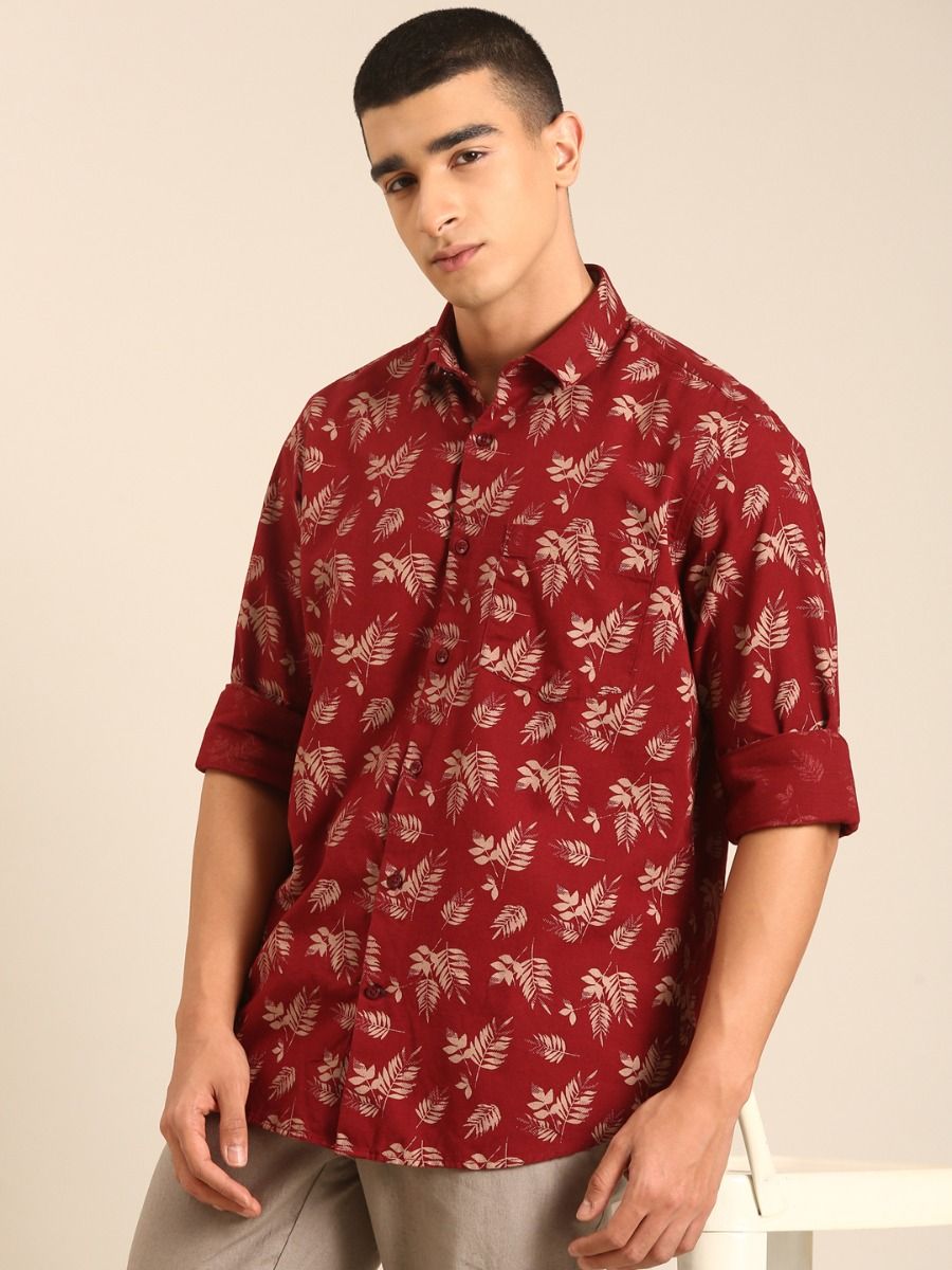 CAVALLO by Linen Club Men's Blended Linen Maroon Printed Contemporary Fit Full Sleeve Casual Shirt
