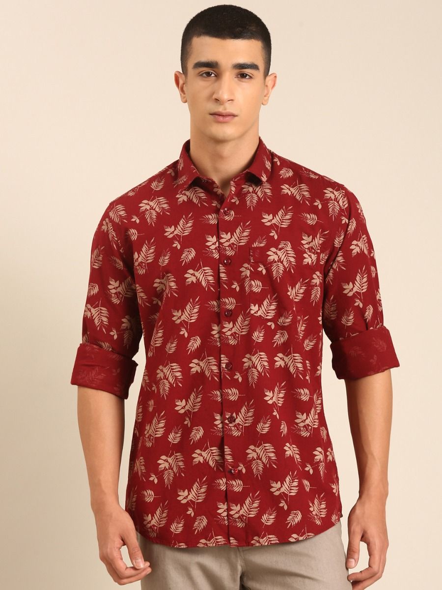 CAVALLO by Linen Club Men's Blended Linen Maroon Printed Contemporary Fit Full Sleeve Casual Shirt