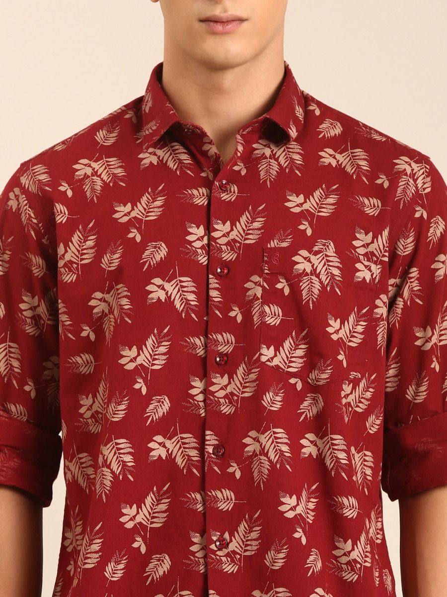 CAVALLO by Linen Club Men's Blended Linen Maroon Printed Contemporary Fit Full Sleeve Casual Shirt