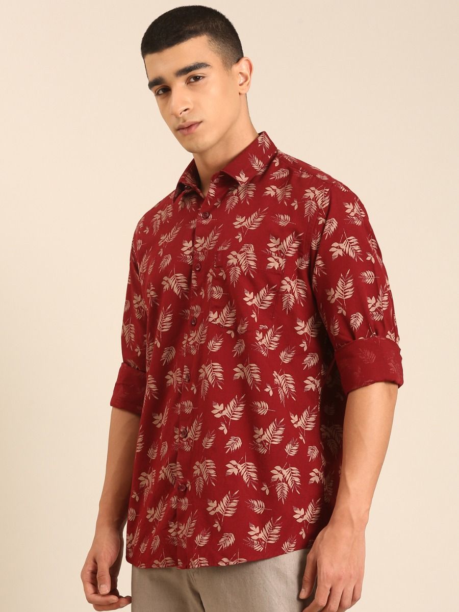 CAVALLO by Linen Club Men's Blended Linen Maroon Printed Contemporary Fit Full Sleeve Casual Shirt