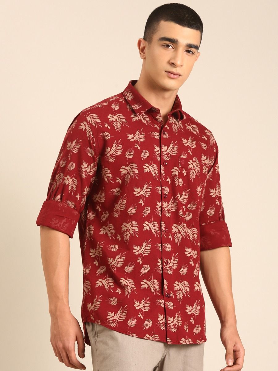 CAVALLO by Linen Club Men's Blended Linen Maroon Printed Contemporary Fit Full Sleeve Casual Shirt