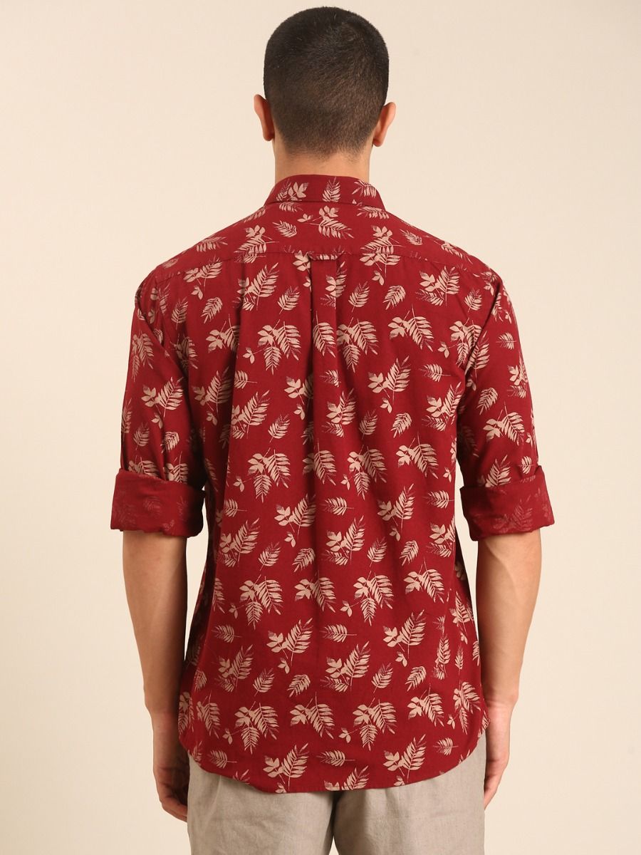 CAVALLO by Linen Club Men's Blended Linen Maroon Printed Contemporary Fit Full Sleeve Casual Shirt