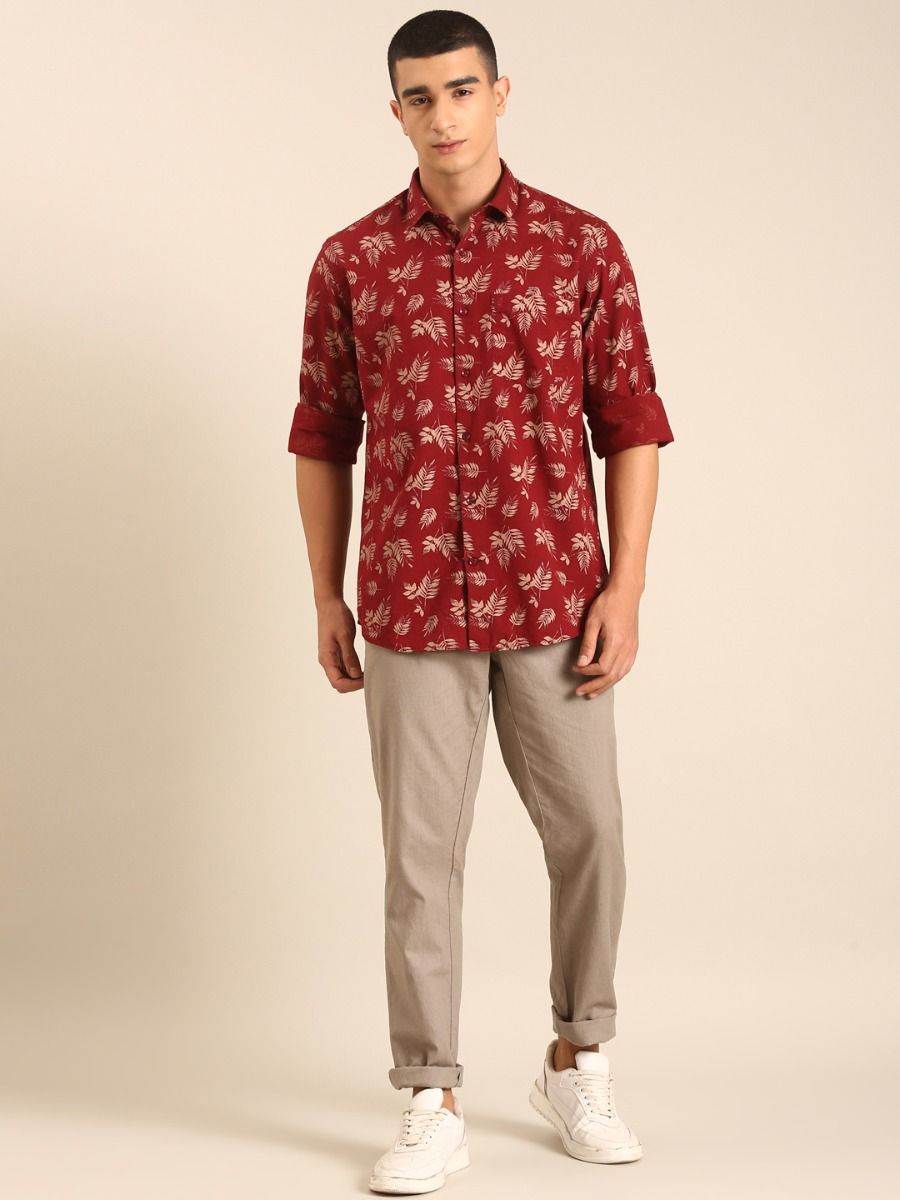 CAVALLO by Linen Club Men's Blended Linen Maroon Printed Contemporary Fit Full Sleeve Casual Shirt