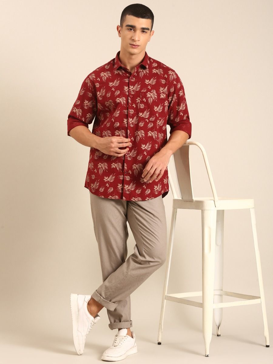 CAVALLO by Linen Club Men's Blended Linen Maroon Printed Contemporary Fit Full Sleeve Casual Shirt