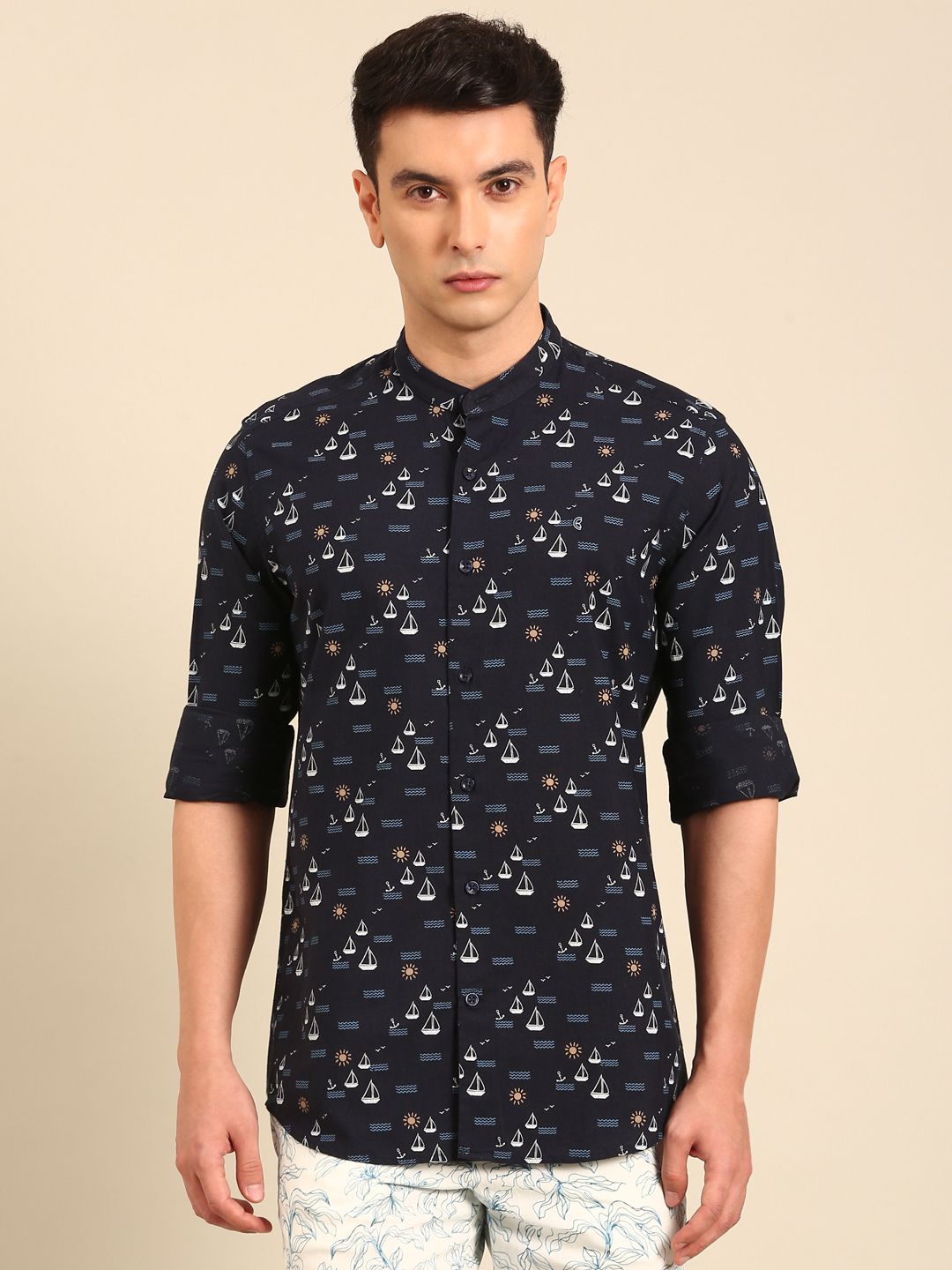 CAVALLO by Linen Club Men's Blended Linen Navy Printed Contemporary Fit Full Sleeve Casual Shirt