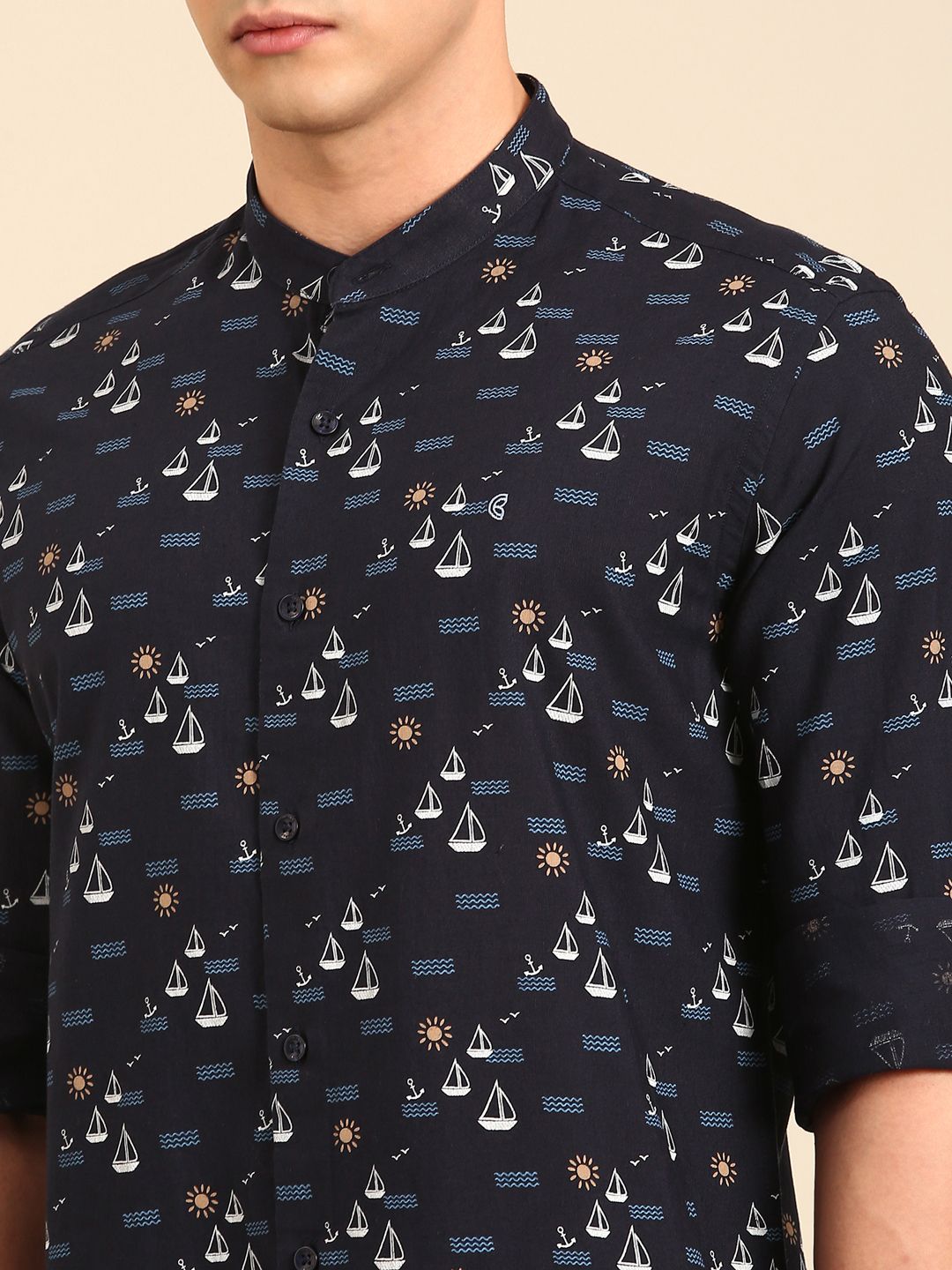 CAVALLO by Linen Club Men's Blended Linen Navy Printed Contemporary Fit Full Sleeve Casual Shirt