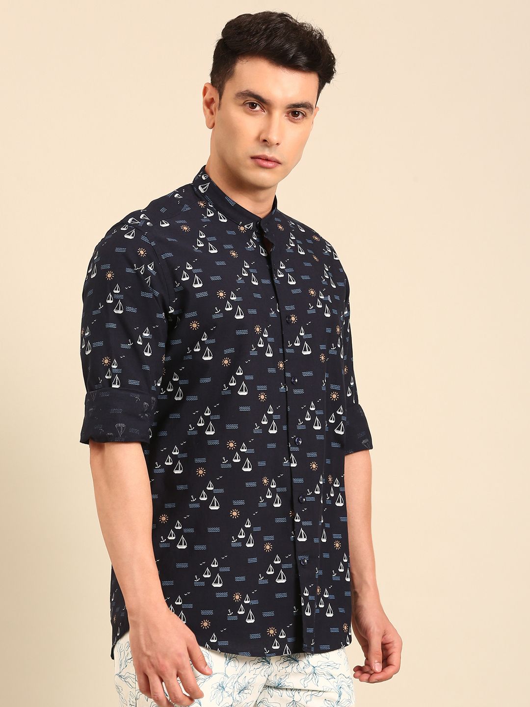 CAVALLO by Linen Club Men's Blended Linen Navy Printed Contemporary Fit Full Sleeve Casual Shirt