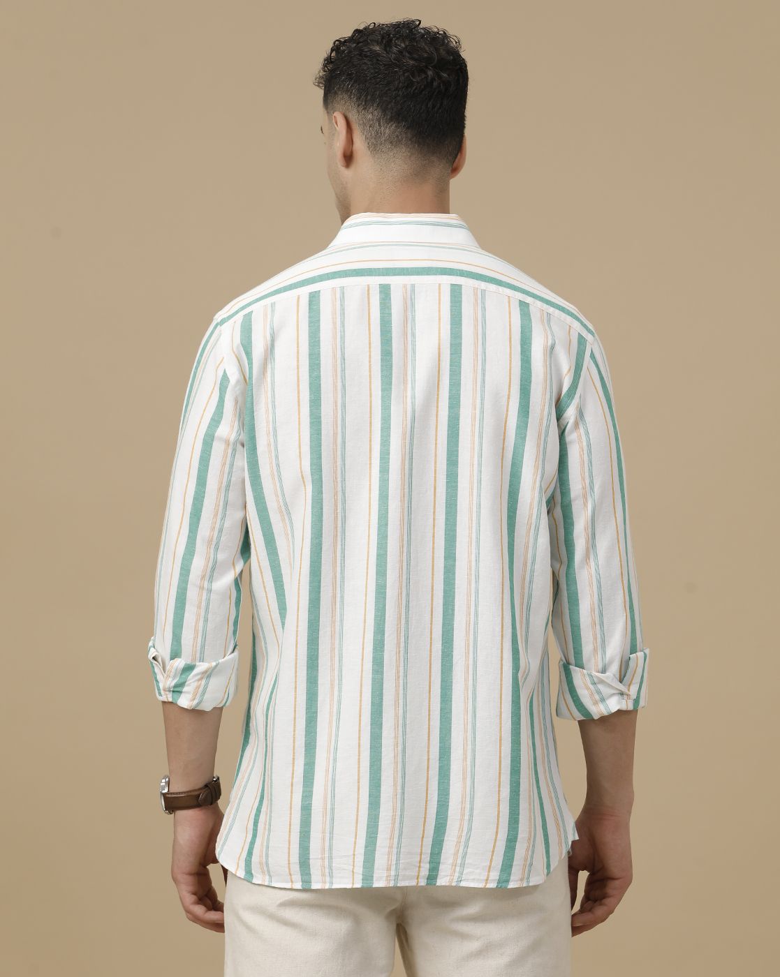 CAVALLO by Linen Club Men's Blended Linen Green Striped Contemporary Fit Full Sleeve Casual Shirt