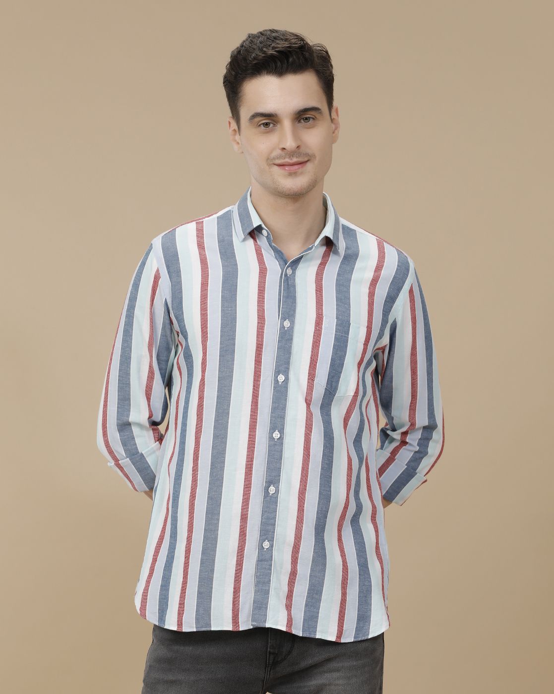 CAVALLO by Linen Club Men's Blended Linen Blue Striped Contemporary Fit Full Sleeve Casual Shirt