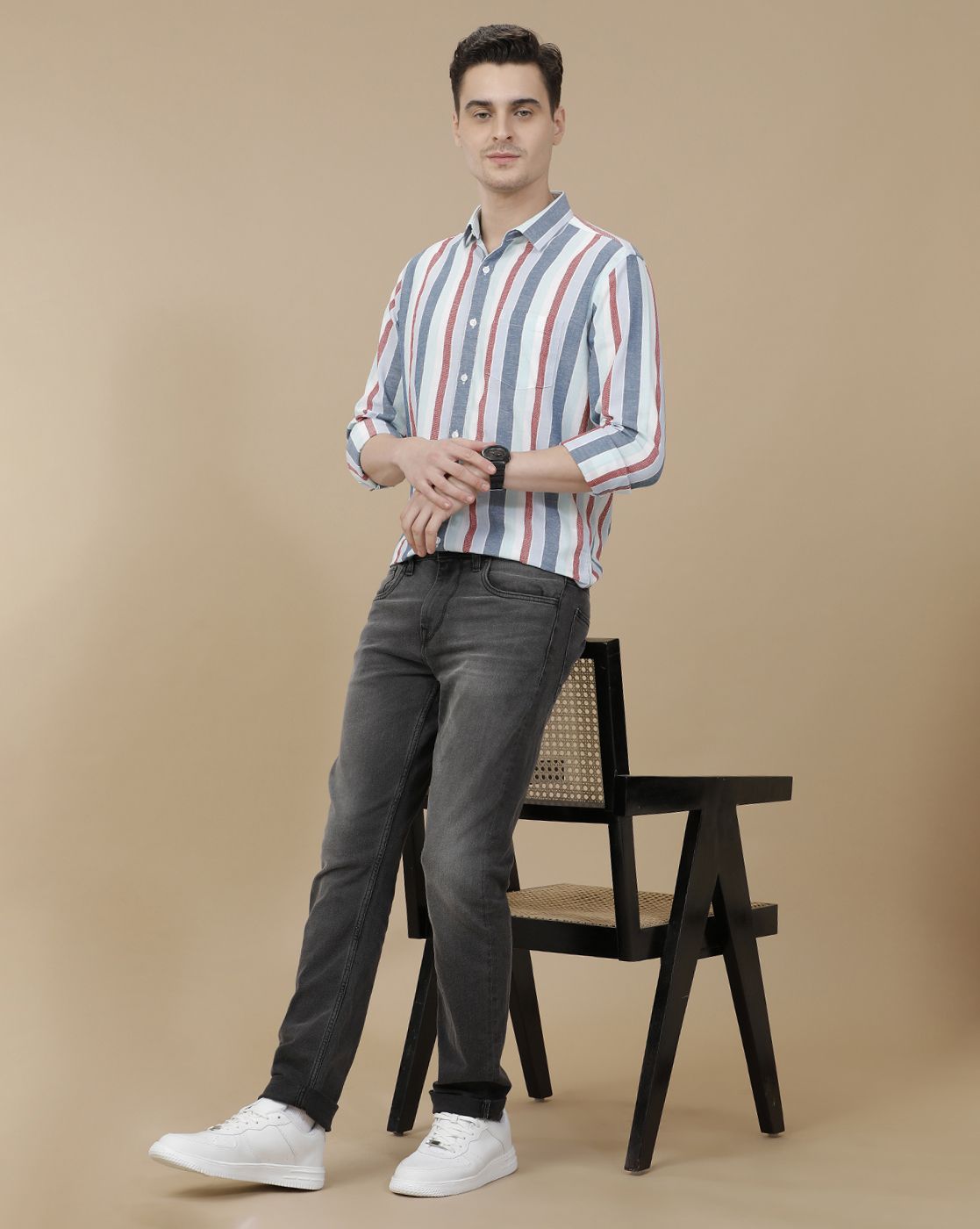 CAVALLO by Linen Club Men's Blended Linen Blue Striped Contemporary Fit Full Sleeve Casual Shirt