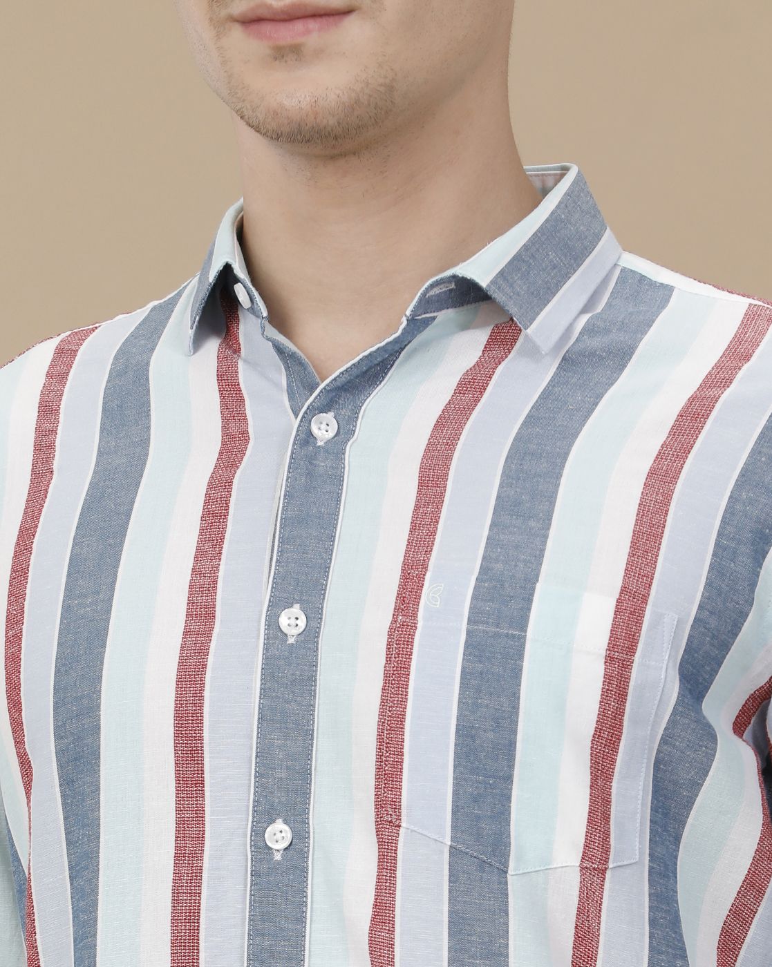 CAVALLO by Linen Club Men's Blended Linen Blue Striped Contemporary Fit Full Sleeve Casual Shirt
