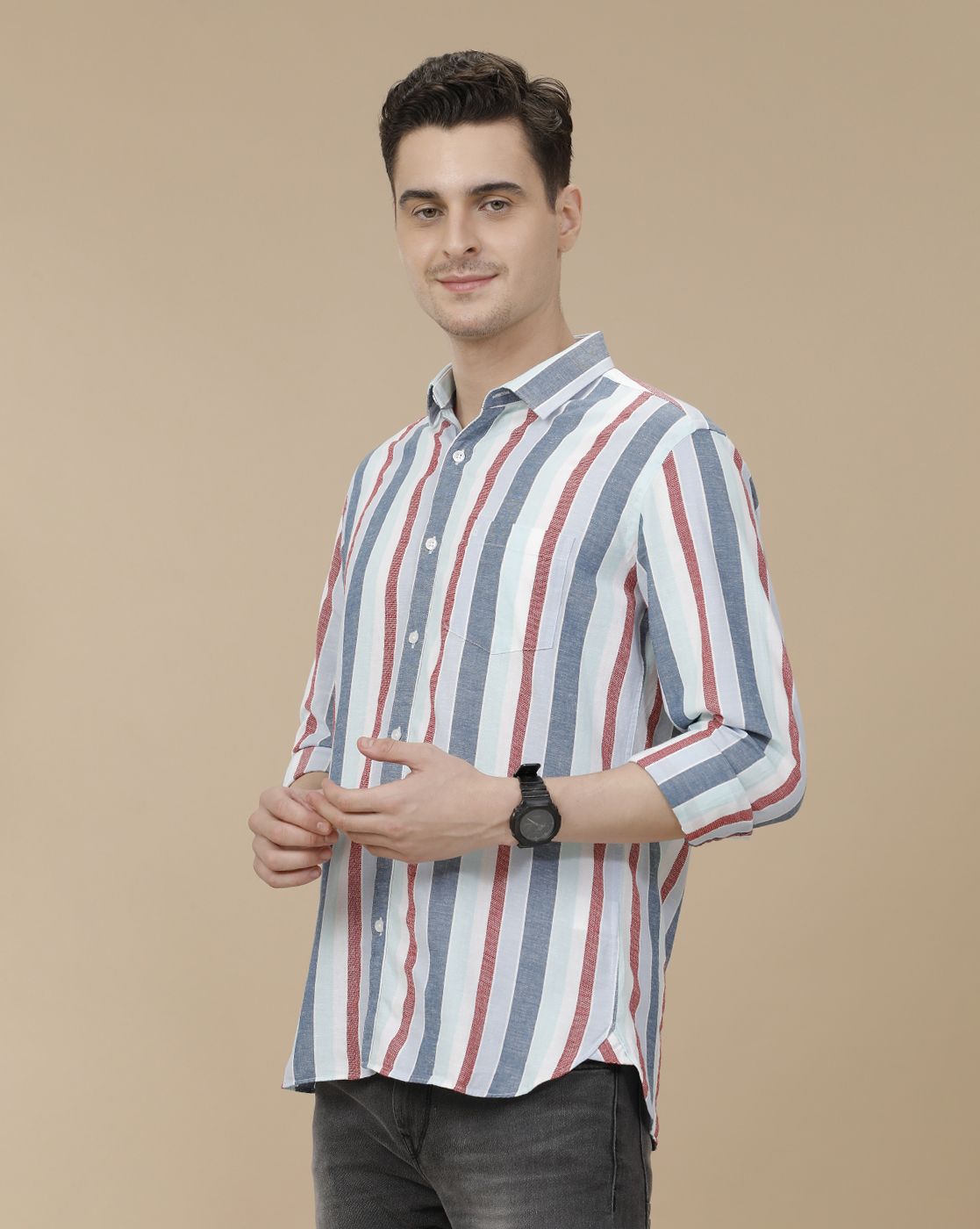 CAVALLO by Linen Club Men's Blended Linen Blue Striped Contemporary Fit Full Sleeve Casual Shirt
