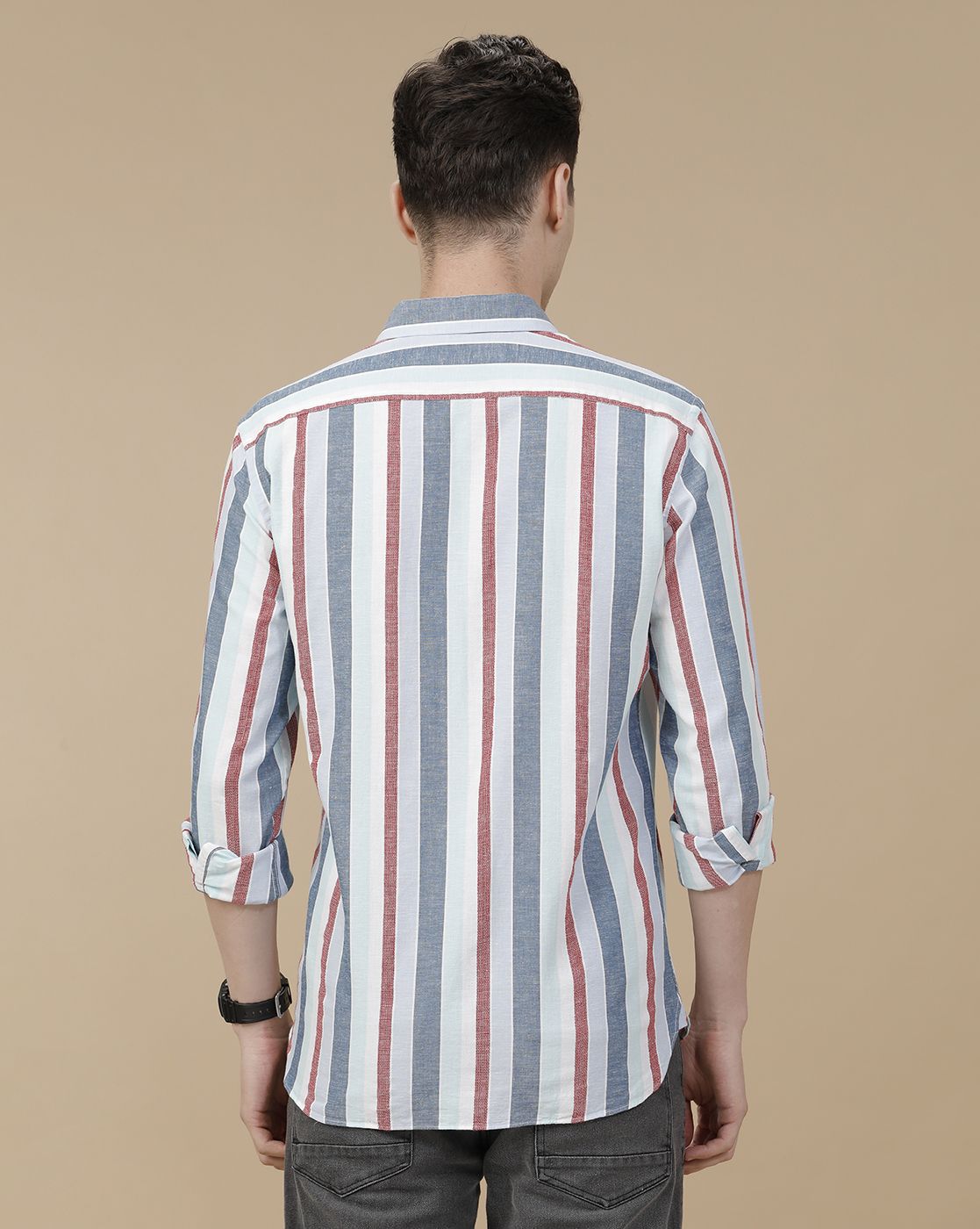 CAVALLO by Linen Club Men's Blended Linen Blue Striped Contemporary Fit Full Sleeve Casual Shirt