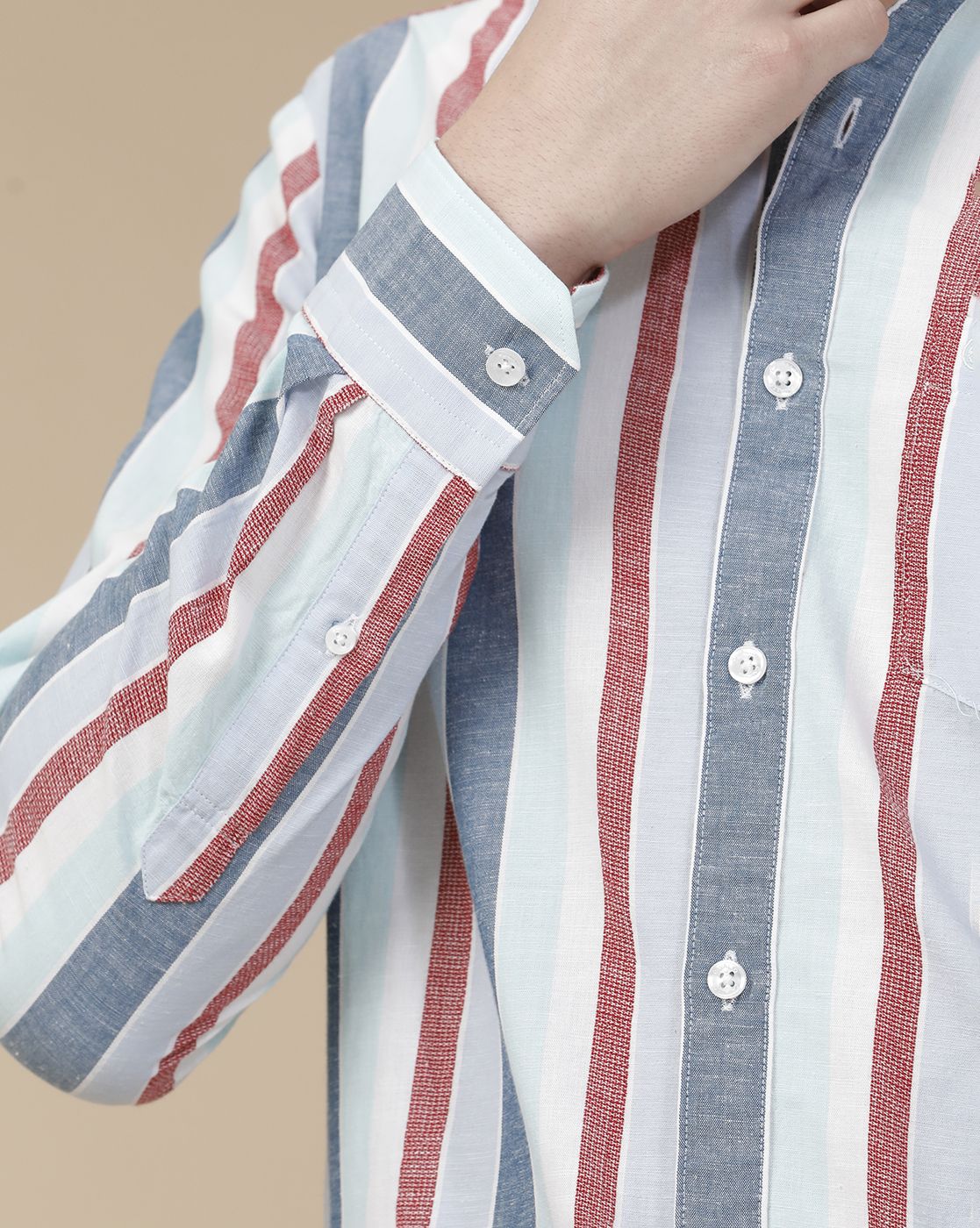 CAVALLO by Linen Club Men's Blended Linen Blue Striped Contemporary Fit Full Sleeve Casual Shirt
