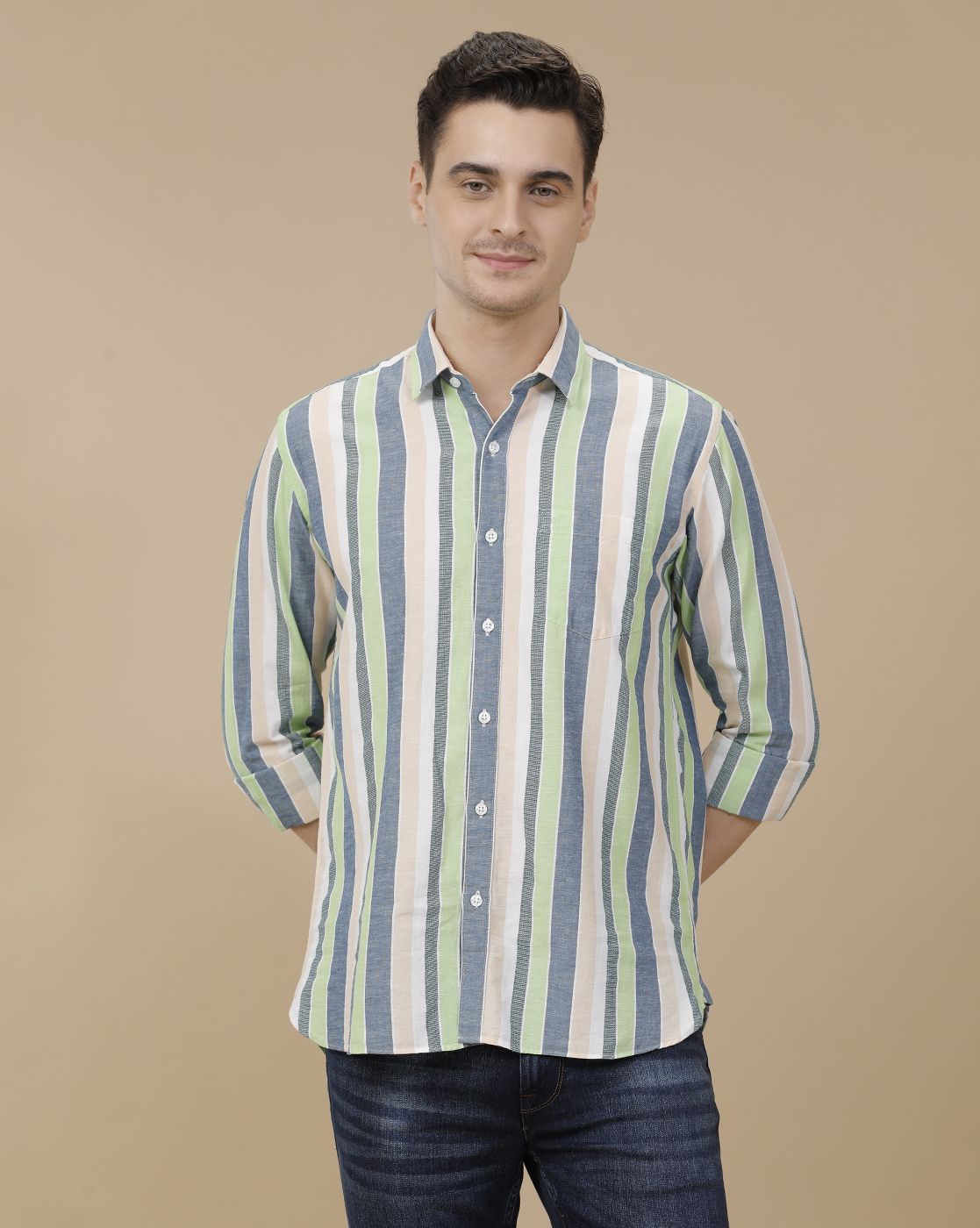 CAVALLO by Linen Club Men's Blended Linen Green Striped Contemporary Fit Full Sleeve Casual Shirt